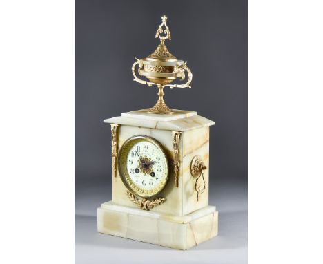 A Late 19th Century French White Flecked Marble and Gilt Metal Mounted Cased Mantel Clock by A D Mougin No.198448, the 3.5ins