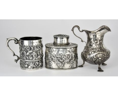 A Victorian Silver Christening Mug, a Milk Jug and and Early 20th Century Tea Caddy, the christening mug by Charles Edwards, 