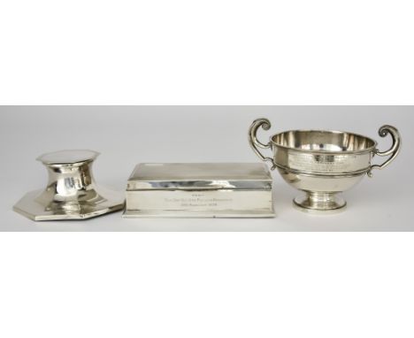 A George V Silver Circular Two-Handled Bowl, a George VI Rectangular Cigarette Box and Hexagonal Inkwell, the bowl by Hamilto