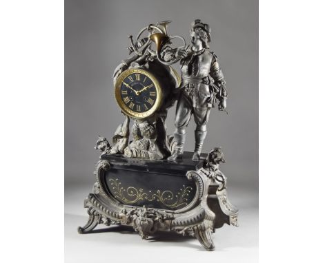 A Late 19th Century French Bronzed Spelter and Black Marble Cased Mantel Clock No.5246, the 3.75ins diameter black dial with 