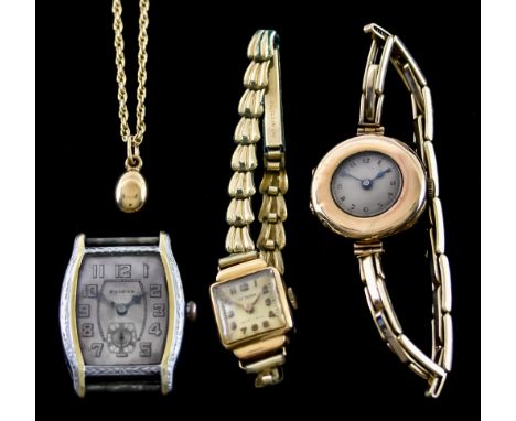 A Quantity of Mixed Gold, comprising - manual wind wristwatch, by Bulover, bi-metal (tests as 14ct) with silver dial and Arab