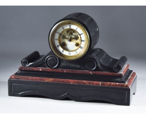 A Late 19th Century French Black and Red Veined Marble Cased Mantel Clock No.2767, the 3.5ins white enamel chapter ring with 