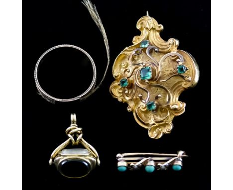 A Mixed Lot of Gold, comprising - sweetheart brooch set with green paste stone and a woven lock of hair to the rear, 50mm x 3