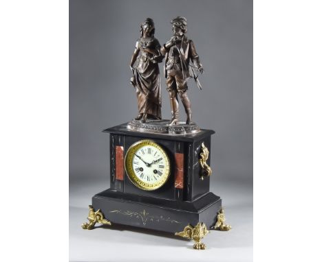 A late 19th Century French Black Marble Bronzed Spelter and Gilt Metal Mounted Mantel Clock No.25152, the 3.5ins diameter cre