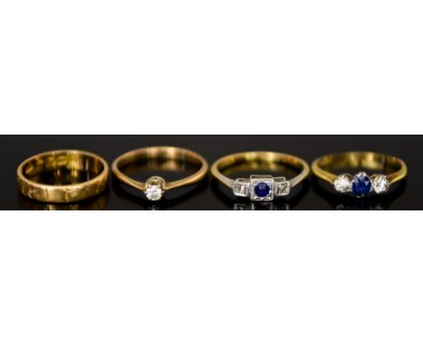 Four 18ct Gold Rings, comprising - one set with small solitaire diamond, approximately .15ct, size P, one set with centre sap