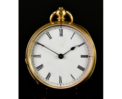 A Lady's 18ct Gold Cased Key Wind Open Faced Pocket Watch, by Benson, case 38mm diameter, white enamel dial with Roman baton 