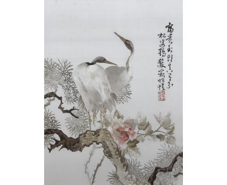 Chinese School - Embroidered panel - Two egrets perched on a flowering branch with character script and seal mark, 17.25ins (