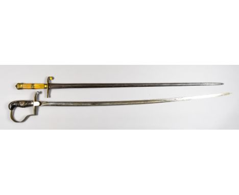 A 19th Century Continental Officers Sword, bright steel fullered blade, 31ins, brass D guard, leather grip, 37ins overall, an