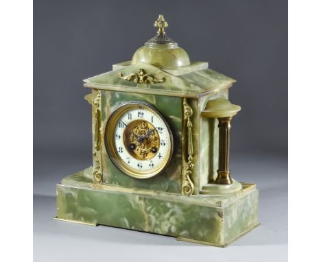 A Late 19th Century French Green Marble and Gilt Metal Mounted Cased Mantel Clock No.15017 the 3.5ins cream enamel chapter ri