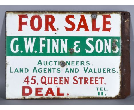 A "G.W. Finn &amp; Sons" Enamel Double-Sided Advertising Sign worded "For Sale, G.W.Finn &amp; Sons Auctioneers, Land Agents 