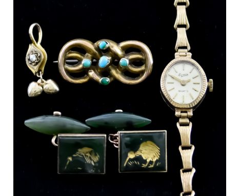 A Mixed Lot of 9ct Gold, comprising - a lady's quartz watch by Evertite, 9ct gold bracelet and case, a pair of green stone an