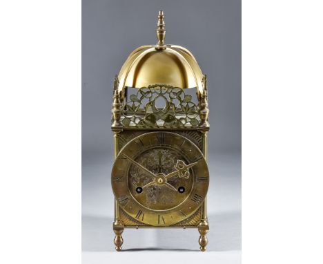 A Brass Cased Lantern Style Mantel Clock of 17th Century Design the 5.5ins diameter chapter ring with Roman numerals to the e