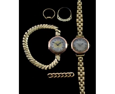 A Mixed Lot of 9ct Gold, comprising - two 9ct gold cased early 20th Century lady's watches (bracelets are not gold), one chai