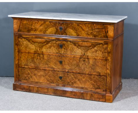 A 19th Century Figured Walnut Continental Secretaire Commode in the Biedermeier Manner, with white veined marble slab to top,