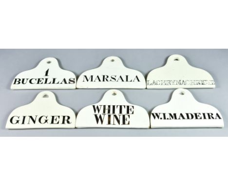 Six 19th Century Ceramic Bin Labels, of coathanger form, worded in black 'W.I.MADEIRA', 'WHITE WINE', 'GINGER', 'MARSALA', '1