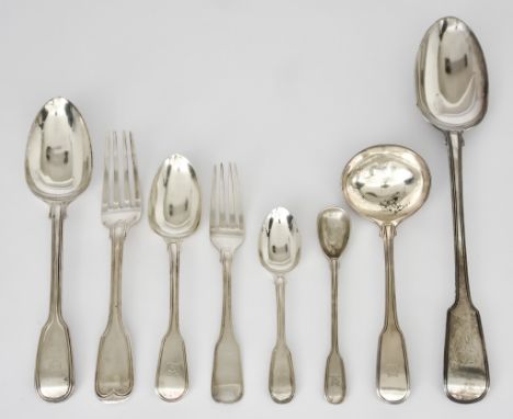 A Georgian and Victorian Harlequin Silver Fiddle and Thread Pattern Part Table Service various makers and dates, all crested,