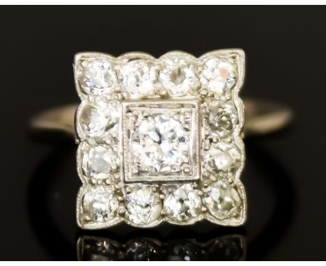 A Platinum Square Diamond Ring, 20th Century, set with thirteen brilliant cut white diamonds, approximately 1.25ct, size O, g