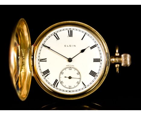 A 9ct Gold Full Hunting Cased Keyless Pocket Watch by Elgin, case 50mm diameter, white enamel dial with black Roman numerals 