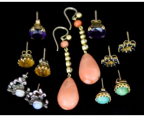 Five Pairs of 9ct Gold Gem Set Earrings, and a pair of silver opal set earrings, for pierced ears, total gross weight 17.7g