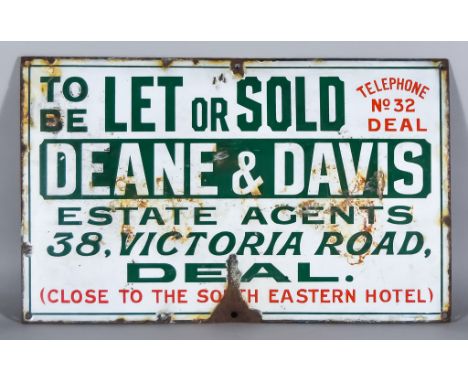 A "Deane &amp; Davis" Enamel Advertising Sign worded "To Be Let or Sold, Deane &amp; Davis Estate Agents, 38 Victoria Road, D