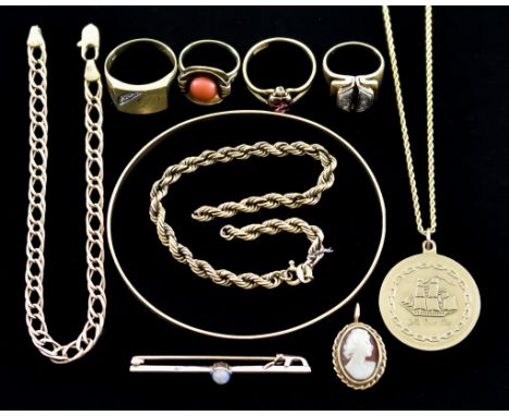 A Mixed Lot of 9ct Gold, comprising - small bracelet, 180mm, rope twist bracelet (broken), 190mm, ring set with garnet, size 