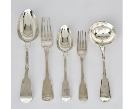 A George III Silver Fiddle Pattern Part Table Service by Eley, Fearn and Chawner, London 1812, engraved with crest, comprisin