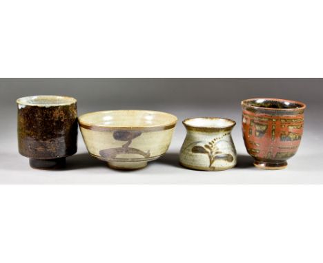 Four Pieces of Stoneware Pottery from the Leach Pottery, 20th Century, comprising - tea bowl decorated with brown lines on a 