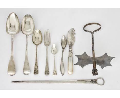 A George III Silver Meat Skewer and Mixed Silver Ware, the meat skewer by George Smith, London 1784, with ring handle, 10.5in