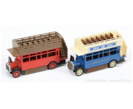 Matchbox Models of Yesteryear Y23 1922 AEC Omnibus trial pair (1) darker red body, dark brown upper deck and seats, red 12-sp