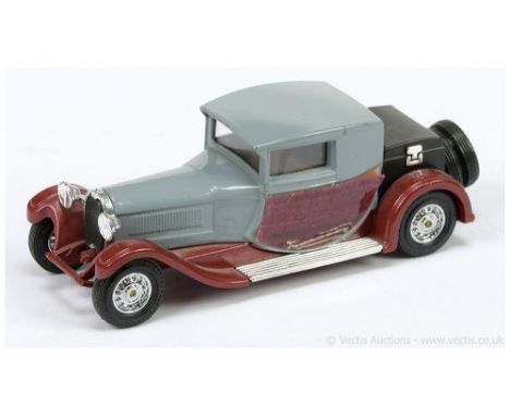 Matchbox Models of Yesteryear Y24 1928 Bugatti T44 - dark grey body, maroon chassis, black luggage trunk, beige seats, chrome