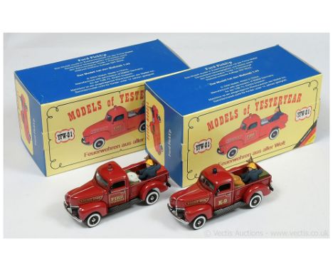 Matchbox Models of Yesteryear German Code 2 issues (1) YFW01 1940 Ford Pick-up - dark red with Fire Officer and Dog "Engine N