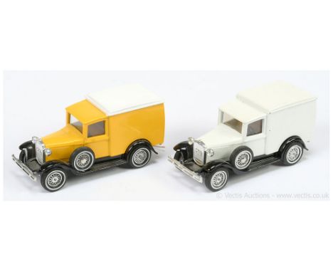 Matchbox Models of Yesteryear Y22 1930 Ford Model A Van colour trial pair (1) yellow body, black chassis, white van roof, lig