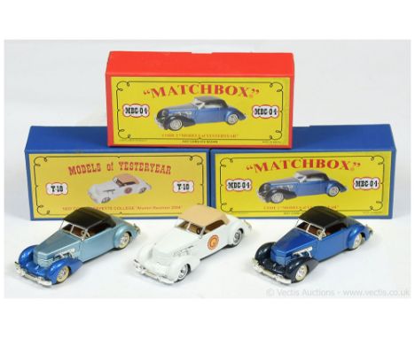 Matchbox Models of Yesteryear Code 2 issues (1) MBC04 1937 Cord 812 Sedan - metallic blue body, darker blue chassis, brown se