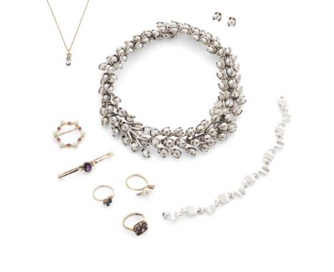 A collection of jewellery Including an abstract silver bracelet, by Laponia; a stylised cultured pearl necklace and matching 