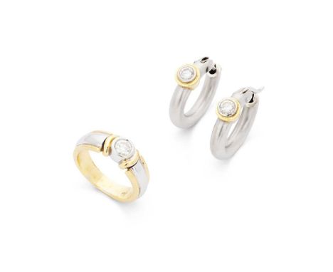 A diamond ring and matching earrings The ring collet-set with a round brilliant-cut diamond to a bi-coloured mount, stamped 7