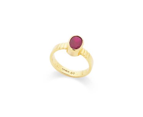 A ruby ring Collet-set with an oval-cut ruby, weighing approximately 0.70cts, modelled in 18ct goldDimensions:Ring size: M