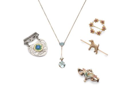 A collection of early 20th century jewellery Including an aquamarine and seed pearl pendant, unmarked; a bar brooch with appl