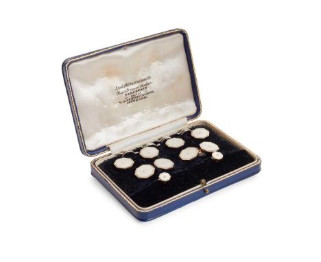 A cased set of cufflinks and buttons Comprising a pair of cufflinks, two collar studs and four buttons, each terminal of hexa