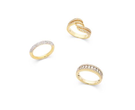 Three diamond rings The first set with three rows of round brilliant-cut diamonds, stamped 750; the second pavé-set with smal