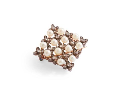 A pearl and diamond brooch  Set with twelve cultured pearls and floral clusters of rose-cut diamonds, unmarked   Dimensions:2