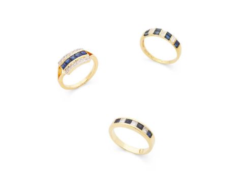 Three sapphire and diamond rings The first set with baguette-cut sapphires and diamonds, stamped K18; together with another c