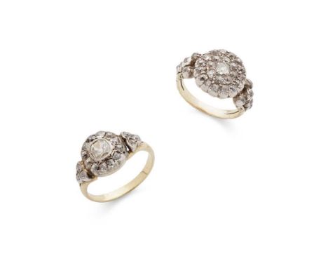 Two mid 19th century diamond rings The first collet-set with a cushion-cut diamond in a border of old and single-cut diamonds