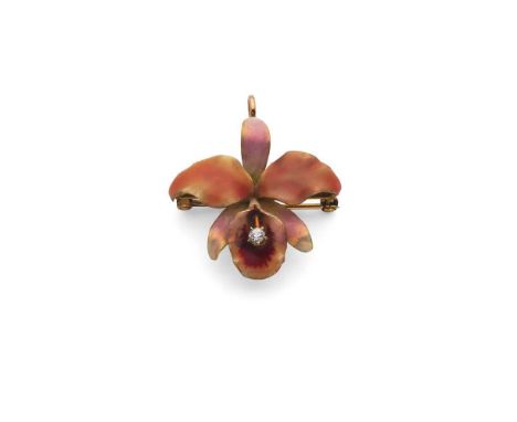 Krementz: An enamel and diamond pendant/brooch Modelled as an orchid with orange-pink enamel detail throughout, claw-set with