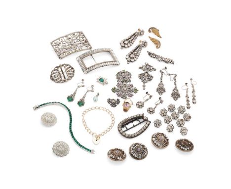 A collection of paste jewellery Including a set of ten paste floral buttons, various pairs of pendant earrings, brooches and 