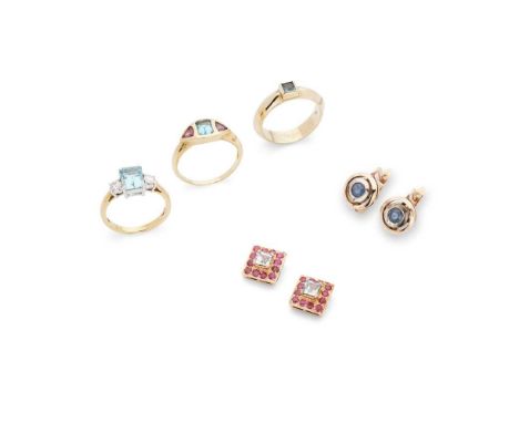 A collection of gem-set jewellery Including an 18ct gold aquamarine and diamond ring, a blue topaz and amethyst ring, stamped