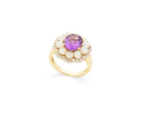 An amethyst, opal and diamond cocktail ring Claw-set with an oval mixed-cut amethyst, in a border of cabochon opals and round