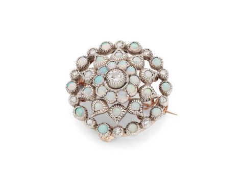 An opal and diamond brooch Set with a central old round-cut diamond in a border of cabochon opals and round brilliant-cut dia