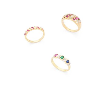 Three gem-set rings The first collet-set with an oval-cut ruby, emerald and sapphire, with diamond detail, stamped 18k 750; t