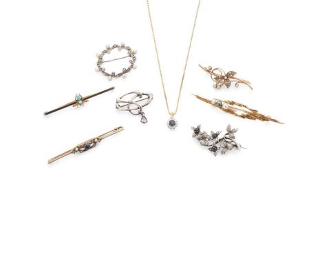 A collection of gem-set jewellery Including a 1970s 9ct gold pearl brooch; a sapphire, diamond and pearl bar brooch, stamped 