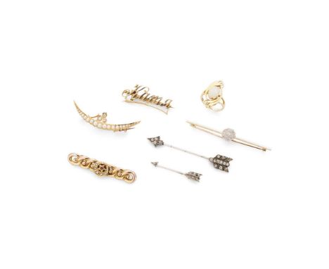 A collection of jewellery Including a Victorian split-pearl and diamond crescent brooch, unmarked; a seed pearl and ruby bar 